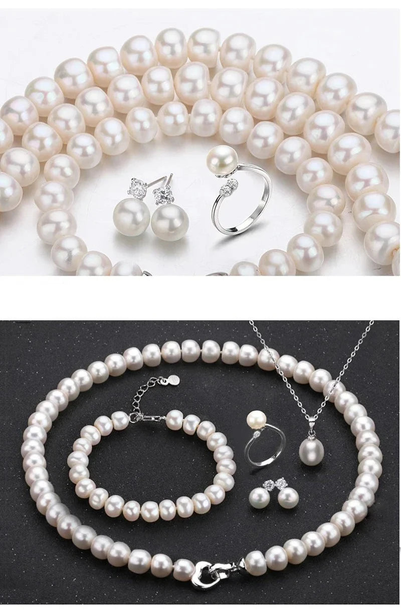Pearl Jewelry Set Natural Freshwater Pearl Necklace Earrings 925 Sterling Silver